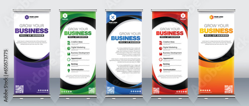 Modern Roll up banner design for business events, presentations, x stand ready and print ready green, blue, red , orange and purple colors