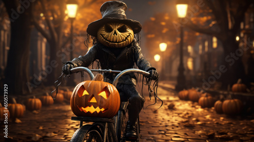 A pumpkin on a bicycle, Halloween-themed background , Generative AI photo