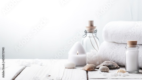 Beautiful spa composition with sea salt stones for massage oil and towel. light background with space for text. copy space