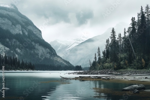 a rustic scene of a like and bay in a mountain valley with light gray and teal colors.