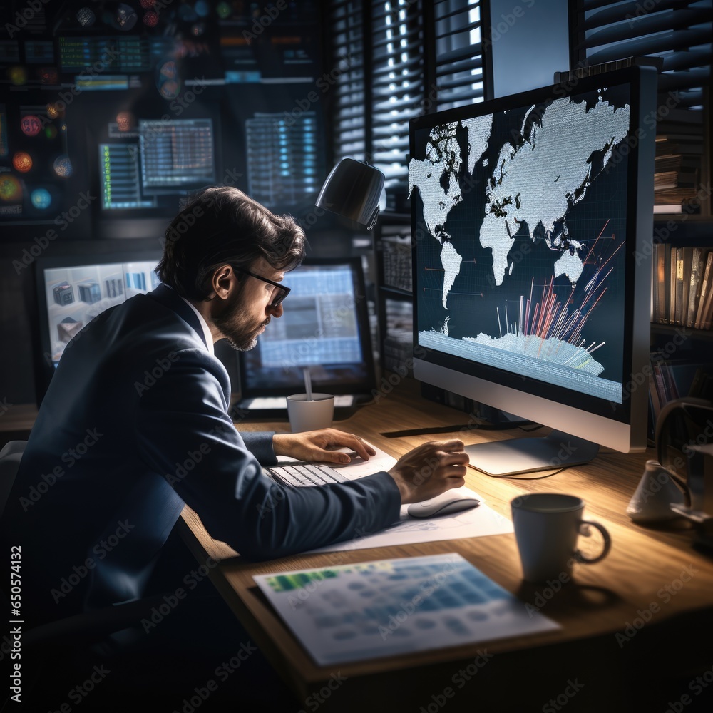 Businessman sitting in office doing graph computer analysis work,ai generated