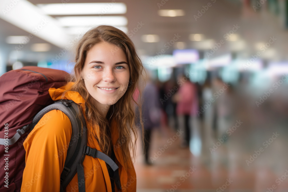 A smiling young woman carrying a backpack at the airport, travelling