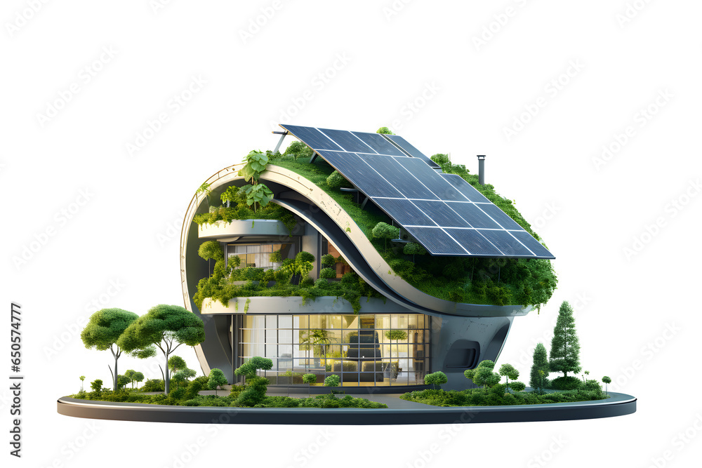 3D Modern building with sun solar panels energy on a roof, Eco-friendly ...