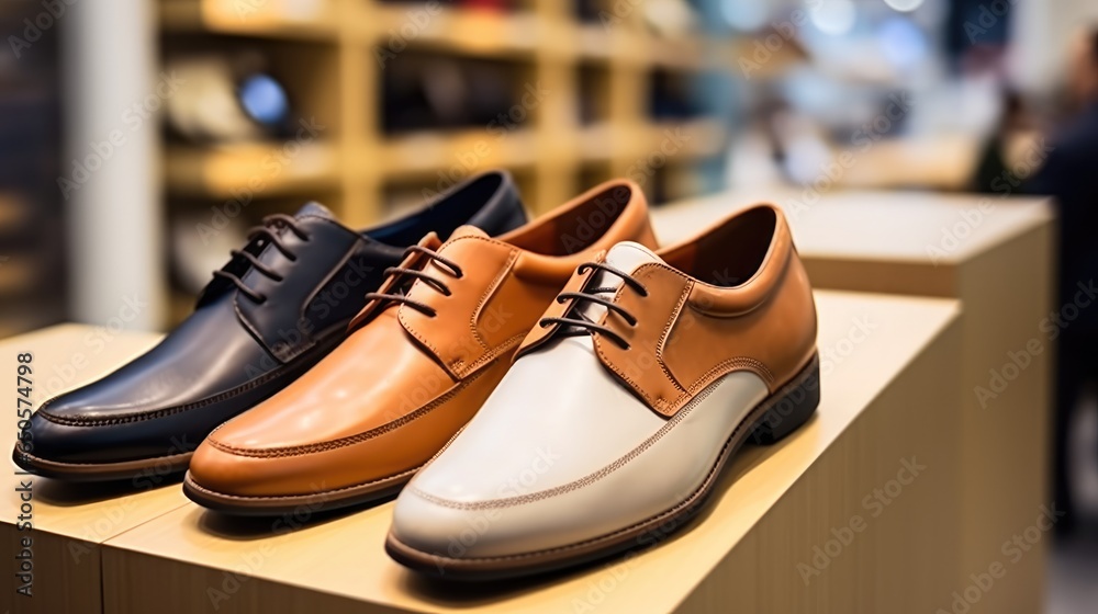 Male leather shoes for sale in showcase in the shop of a shopping mall. Male leather shoes for sale in showcase in the shop of a shopping mall.