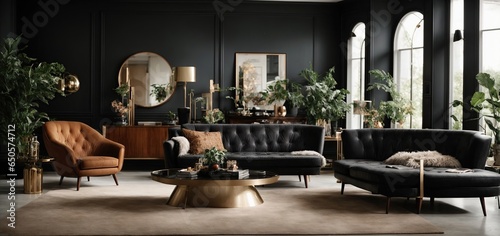 A roomy living room furnished with fashionable furniture offers the ideal fusion of modern and vintage. In front of a plush black tufted sofa, a striking coffee table creates a gorgeous focal point.
