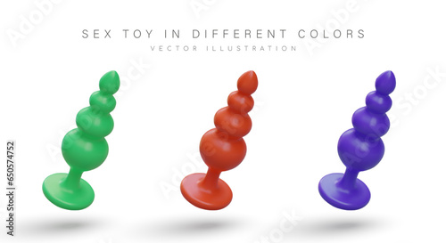Beaded anal plugs of different colors. Realistic prostate massager. Set of isolated vector illustrations. Stimulation of anus. Safe anal plug. Toys for adults. Sex shop goods
