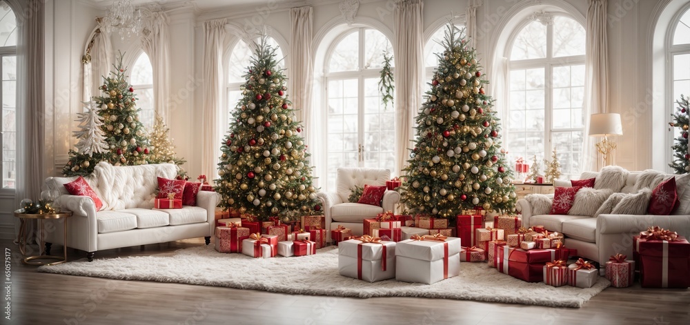 A large living area including a festively magnificent white Christmas tree and Christmas gifts 