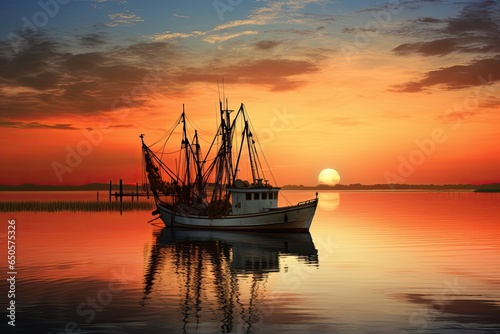 Fishing boat on the water at sunset with a reflection in water and a beautiful sky. Dramatic sky and beautiful nature background., Wonderful seascape.