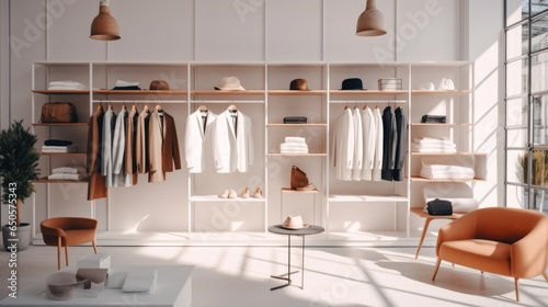 Clothes in the shop, Minimal interior style men's fashion shop, Fashionable men's clothing store.