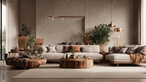   rustic accents  a modern living room has a minimalist interior design.