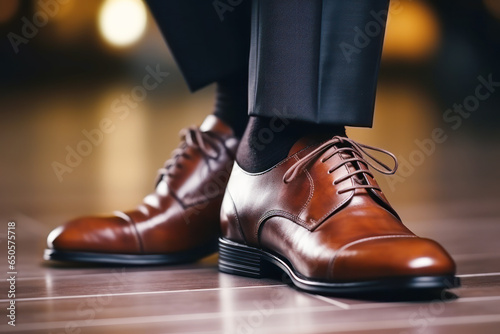 A pair of businessman feet in shoes walking on a tile floor