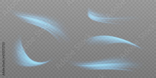 Blue air flow wave effect set. Design element for visualizing air or water flow. Isolated on transparent background.	
