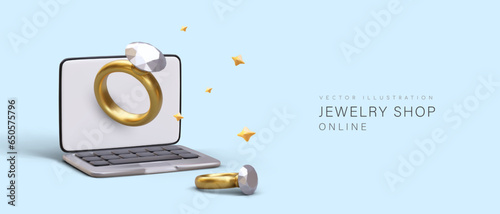 Online jewelry store. Open notebook, ring with diamond. Vector site advertising in cartoon style. Remote selection of jewelry. Template on blue background