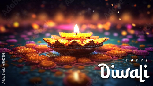 Happy Diwali Poster Design with Oil lamps lit on colorful rangoli during diwali celebration