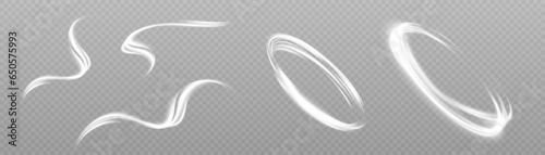 Light white swirl. Curve white line light effect. Glowing white circle. Dynamic white lines with glow effect. Rotating shiny half rings. Abstract sparkling swirl, wave.	