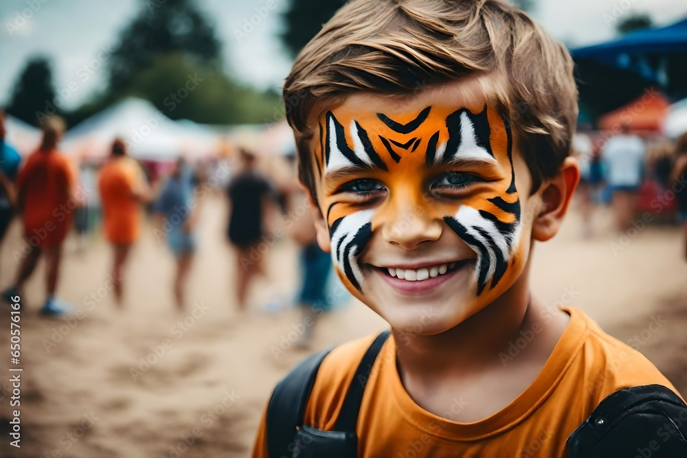 a cute little boy wearing tiger face paint at a county fair.