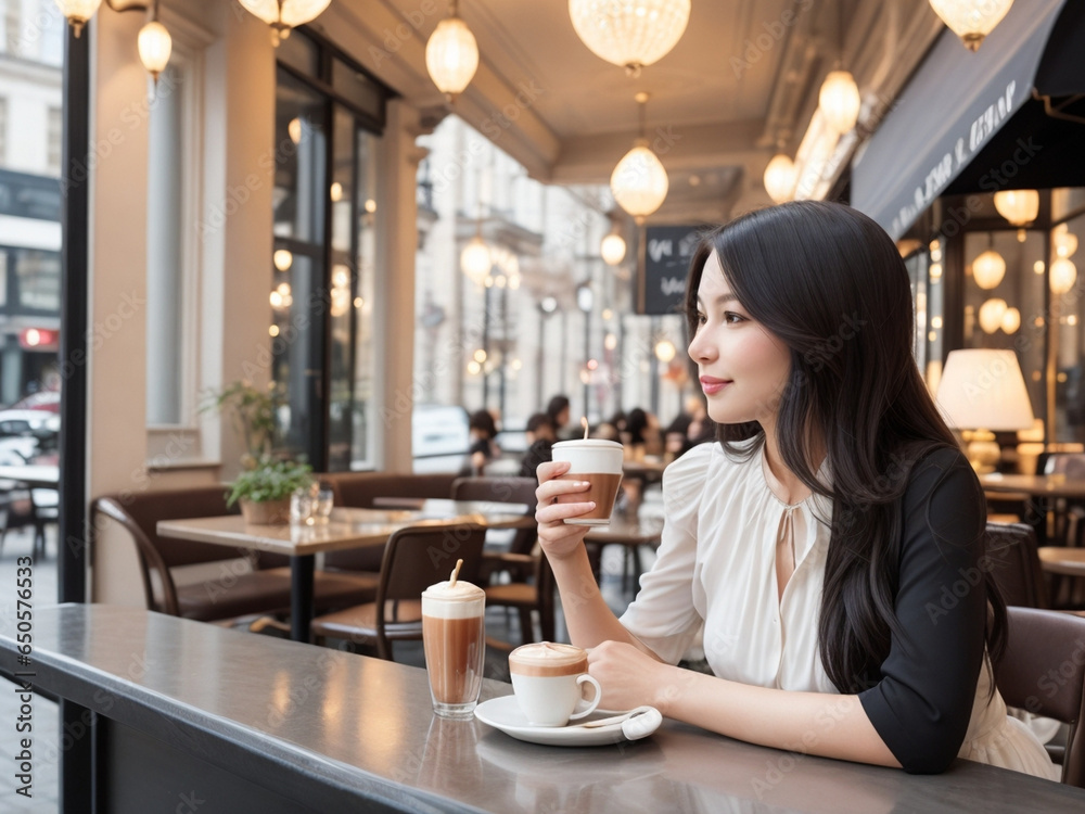 woman drinking coffee, sitting, holding, lifestyle, smile, AI Generated woman drinking coffee, sitting, holding, lifestyle, smile, AI Generated