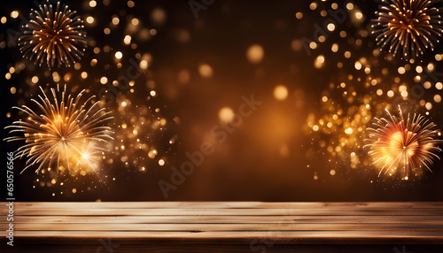 Golden fireworks with bokeh background and brown wood texture. Christmas eve  new year  holiday concept. space for text.