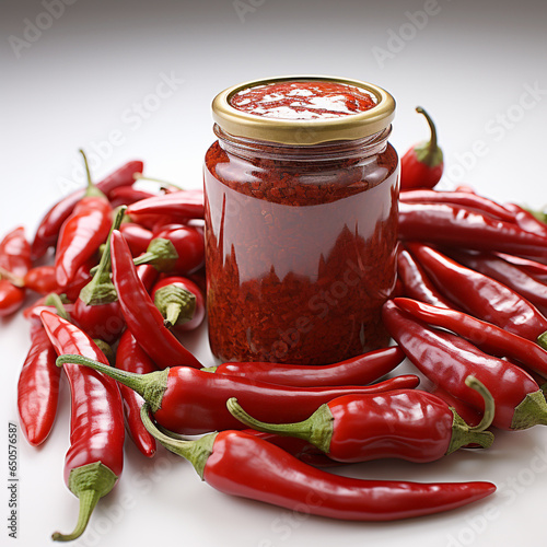 Fresh chili and chili sauce in a glass jar.