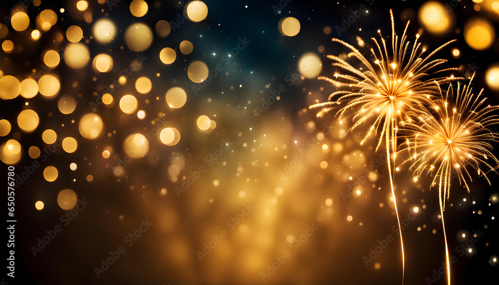 Fototapeta premium Fireworks on abstract gold bokeh background. Christmas eve, new year, holiday concept.