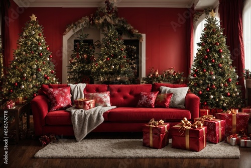 With a lovely crimson sofa  a plush armchair  and a Christmas tree decorated with a variety of elegantly wrapped presents  you can transform your living room into a holiday paradise.