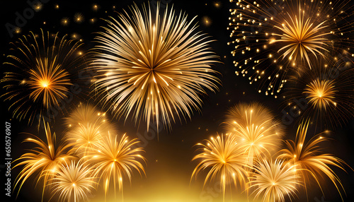 Fireworks on abstract gold bokeh background. Christmas eve, new year, holiday concept.