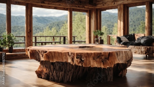 a live edge coffee table made of a wood log stump near some windows. Modern farmhouse in a woodland with a rustic-style living room.