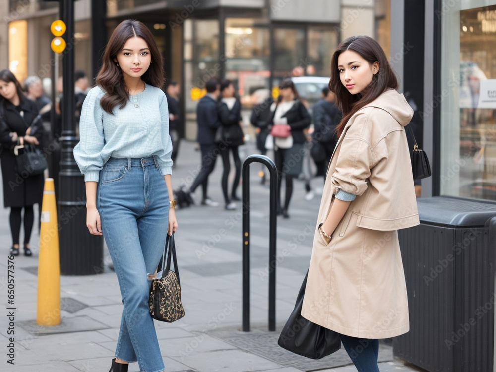 two women walking in the city, outdoors, model, hair, lifestyle,  AI Generated