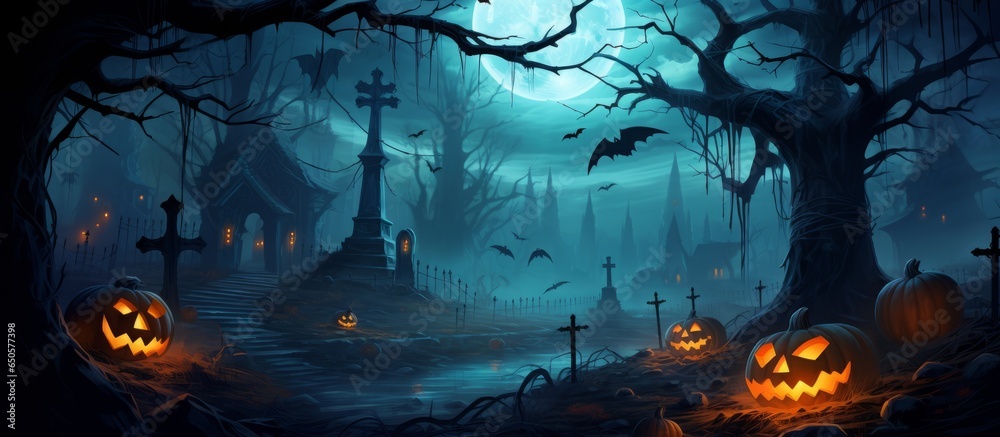 Spooky Halloween landscape with pumpkins