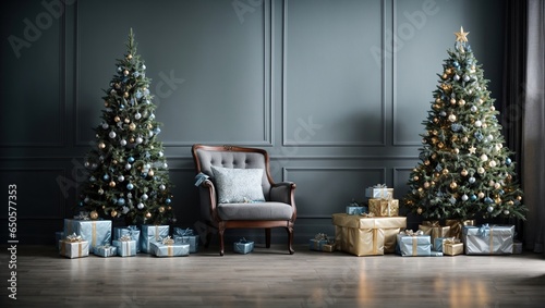 Near a chair and a dusty blue textured wall is a Christmas tree with gifts. living room is empty. a mock-up of a wall scene