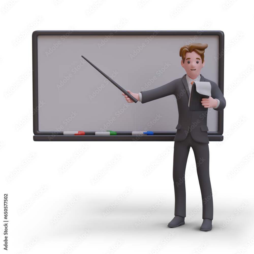 Man points to empty blackboard and reads text from notebook. Public speaking, presentation. Mockup for web design. Learning concept. Business project. Advertising composition Man points to empty blackboard and reads text from notebook. Public speaking, presentation. Mockup for web design. Learning concept. Business project. Advertising composition