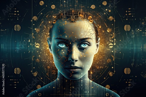 Futuristic cyborg woman face with circuit brain hologram on dark background, Artificial intelligence. Technology web background. Virtual concept, AI Generated