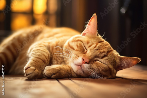 Fat lazy funny Orange tabby cat, home background