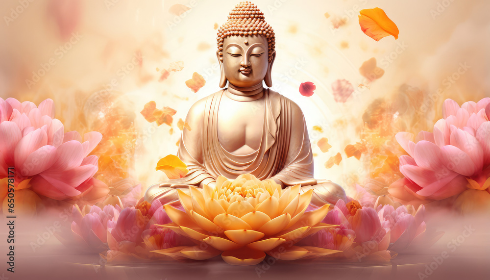 golden glowing buddha and a colorful crystal glowing flowers in the white background - obrazy, fototapety, plakaty 
