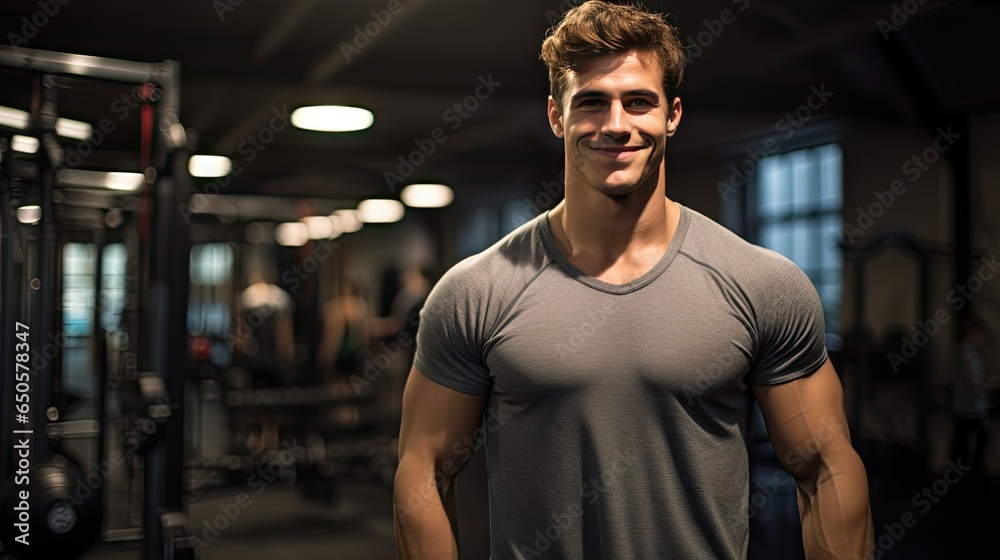 Handsome young man with strong fitness Show off your 6-pack abs in the gym. - obrazy, fototapety, plakaty 