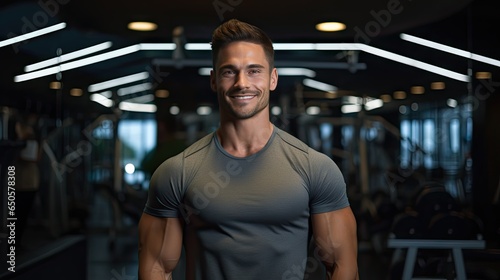 Handsome young man with strong fitness Show off your 6-pack abs in the gym.