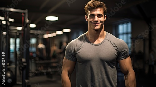 Handsome young man with strong fitness Show off your 6-pack abs in the gym.
