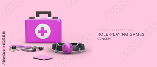 Costumes of role playing games for adults. Enhancement of sexual desire. Accessories from sex shop. New scenario of relations in bed. Nurse, patient. Cute concept in cartoon style on pink background