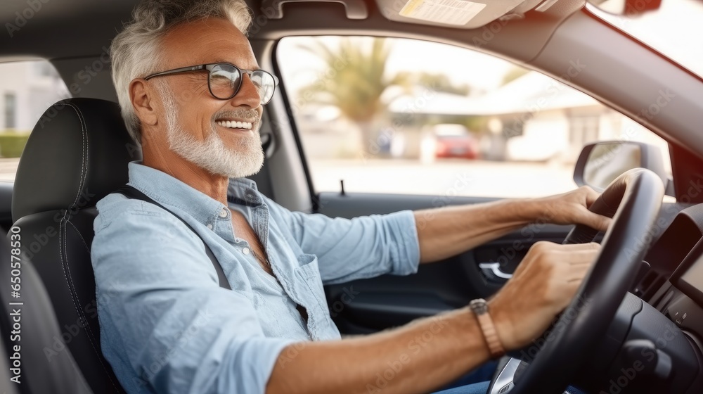 Happy senior man enjoying his new auto car. Happy senior man enjoying his new auto car.