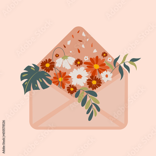 Floral envelope vector illustration. Romantic letter with flowers inside. Beautiful botanic greeting card. Decorative isolated blooming bouquet for women day. 
