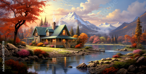 cottage at the lake mountains daytime autumn, autumn in the mountains. Generative Ai content