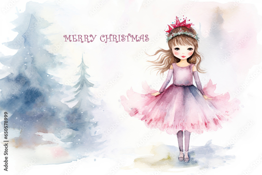 Fototapeta premium A painting of a little girl dressed as a ballerina with bird. Winter concept