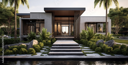 luxury home with trees. image of a modern house with greenery. Generative Ai content © Ajmal Ali 217