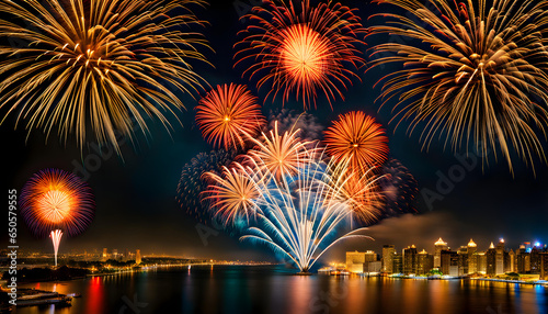 Landscape and colorful fireworks. Christmas eve, new year, holiday concept.