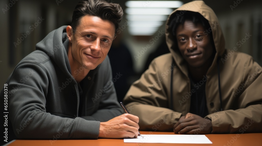 Young man meeting with advocate in pre-trial detention.