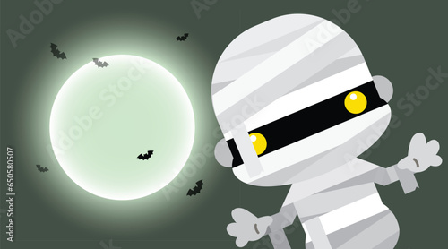 Halloween scary mummy character against full moon light. Vector illustration for holiday and party.