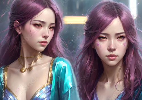 Two girls of Asian appearance are stylish, fashionable and elegant, illustration trends, Generative AI photo