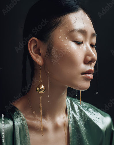 portret pięknej azjatyckiej kobiety złote kolczyki krople na twarzy naturalny makijaż - portrait of beautiful asian woman gold earrings drops on face natural make-up - AI Generated