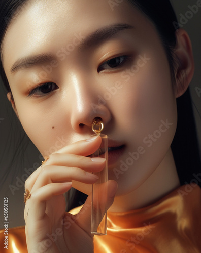 portret młodej azjatyckiej dziewczyny zbliżenie osobista biżuteria naturalny makijaż - portrait of a young Asian girl close-up personal jewellery natural make-up - AI Generated