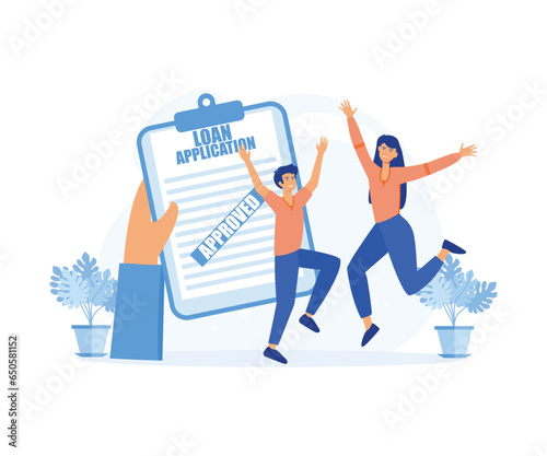 Loan approval, Credit agent holds loan approval application document with approved stamp in hand.  flat vector modern illustration